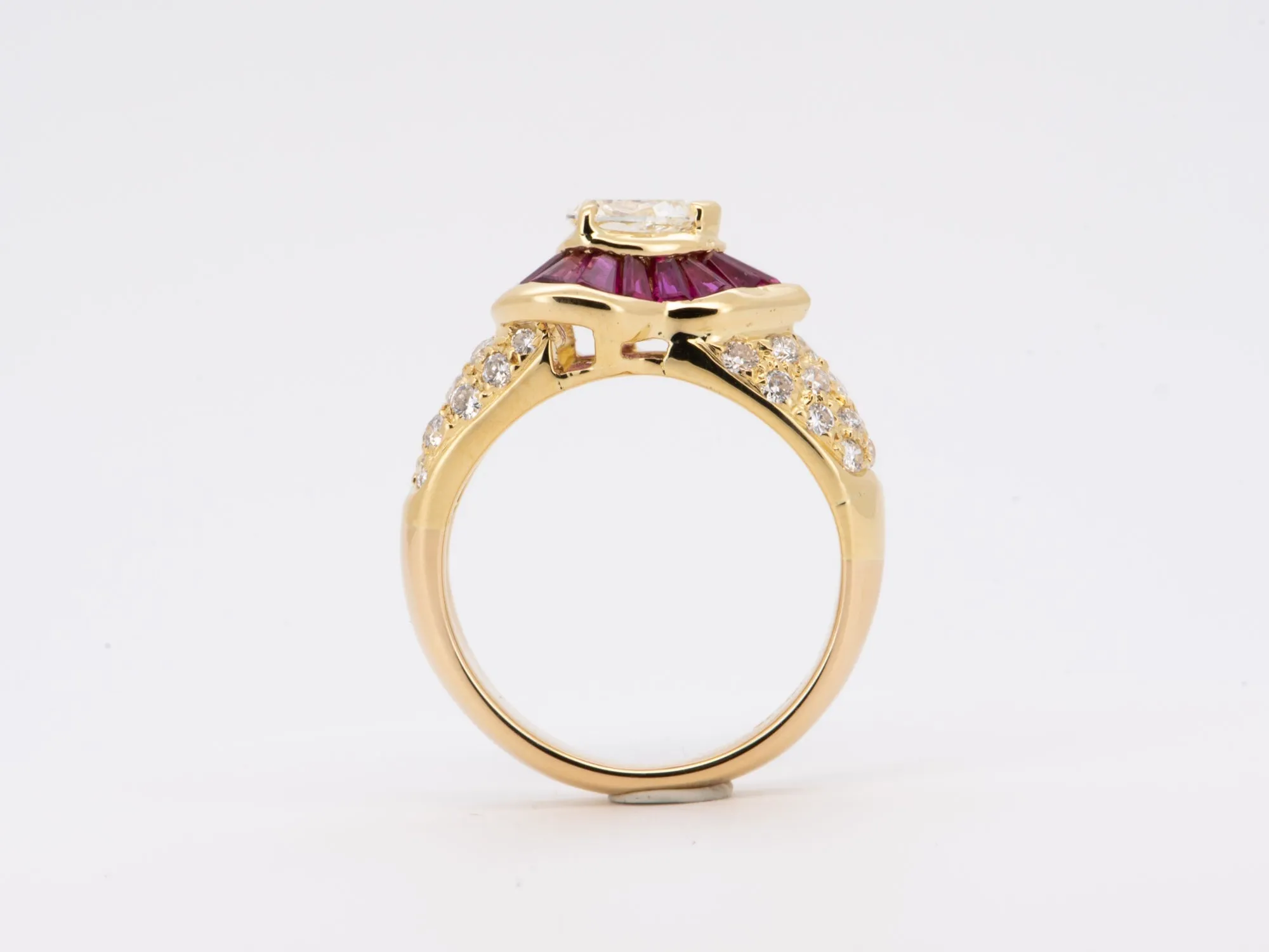 0.51ct Certified Center Diamond and Baguette Ruby Halo Ring 18K Gold R6730