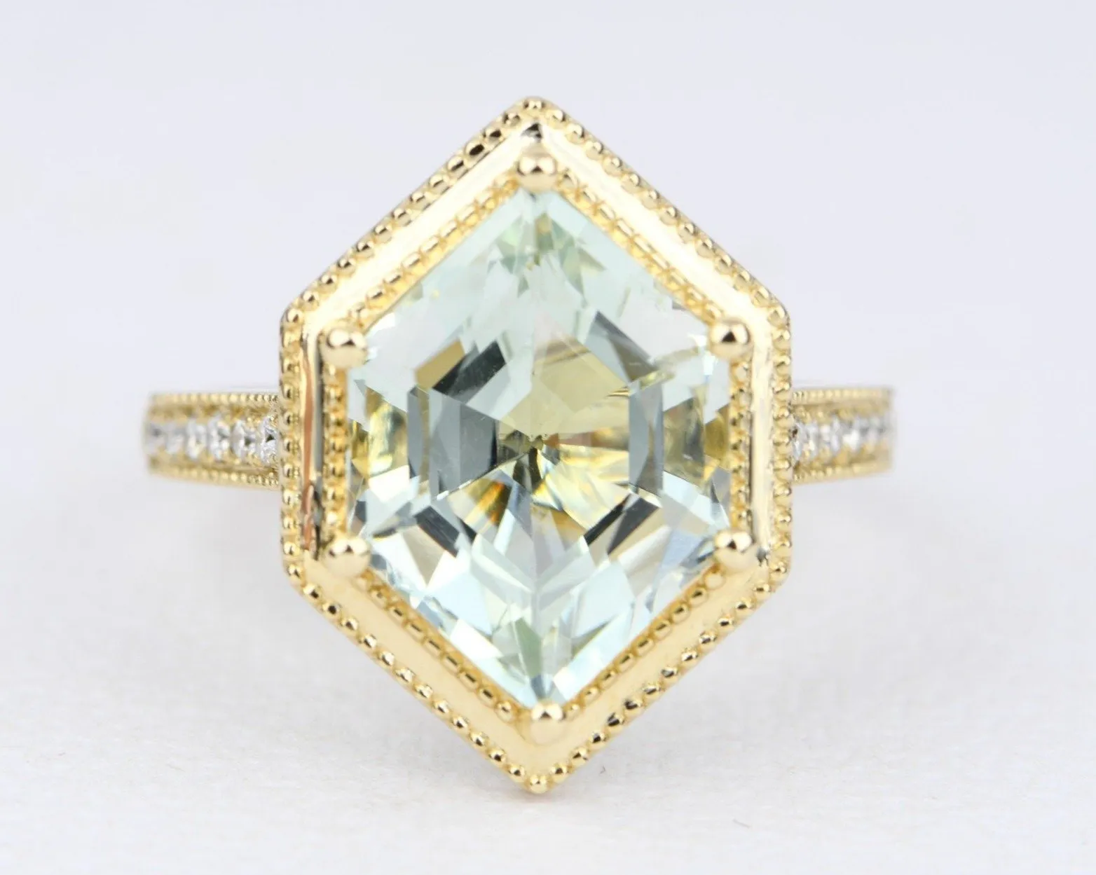 4.33ct Hexagon Green Amethyst 14K Yellow Gold Engagement Ring Milgrain Moissanite Pave Shank AD1995