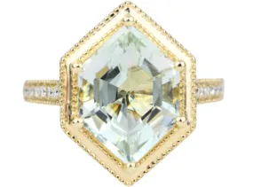 4.33ct Hexagon Green Amethyst 14K Yellow Gold Engagement Ring Milgrain Moissanite Pave Shank AD1995