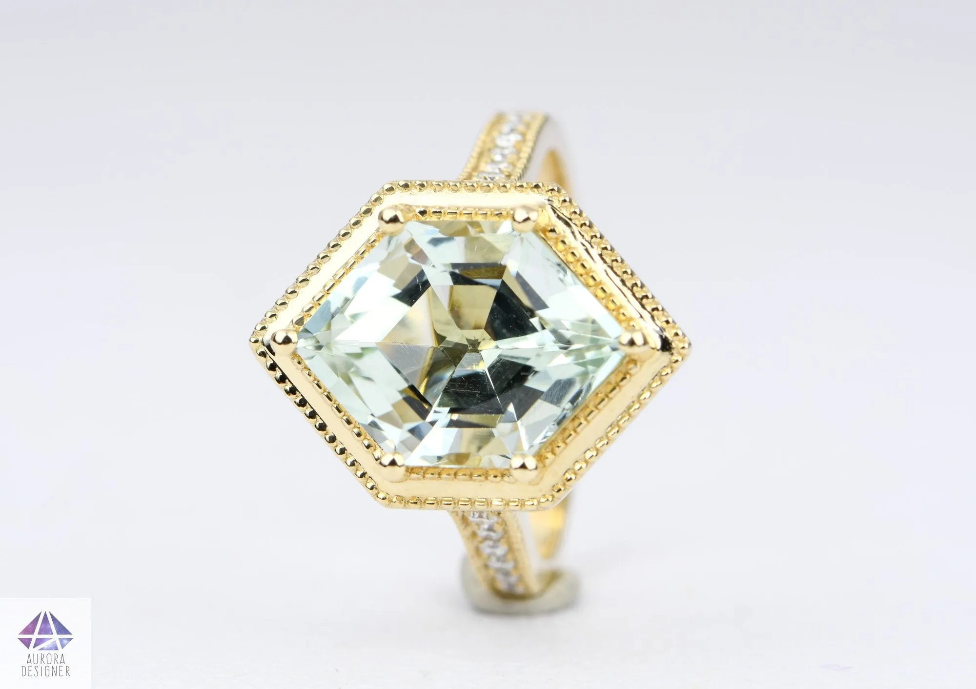 4.33ct Hexagon Green Amethyst 14K Yellow Gold Engagement Ring Milgrain Moissanite Pave Shank AD1995