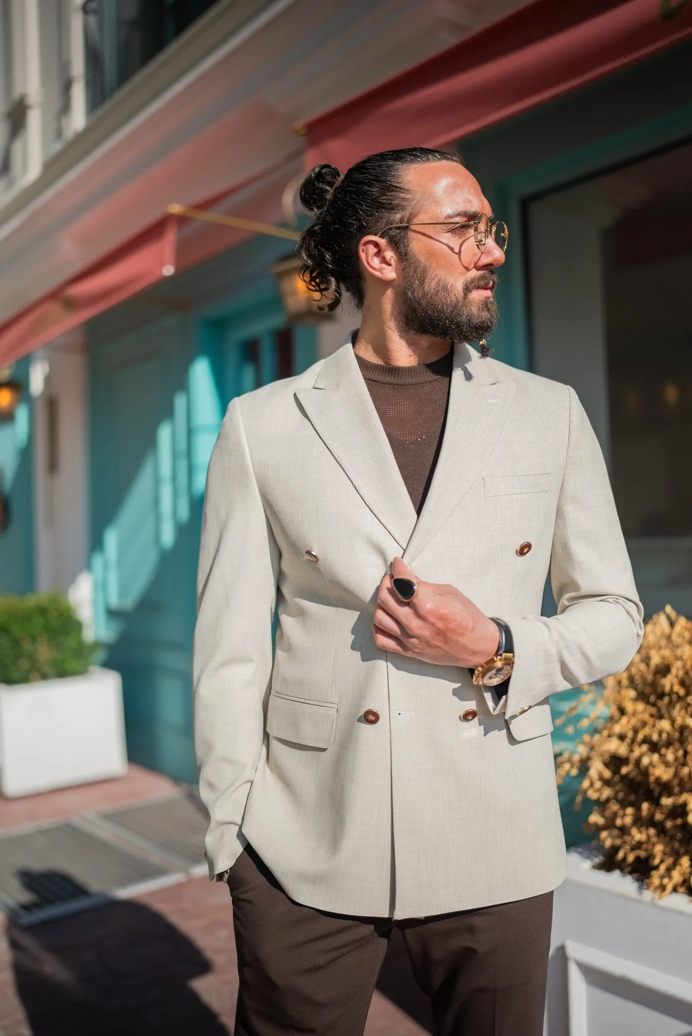 Beige Elegance Double-Breasted Blazer