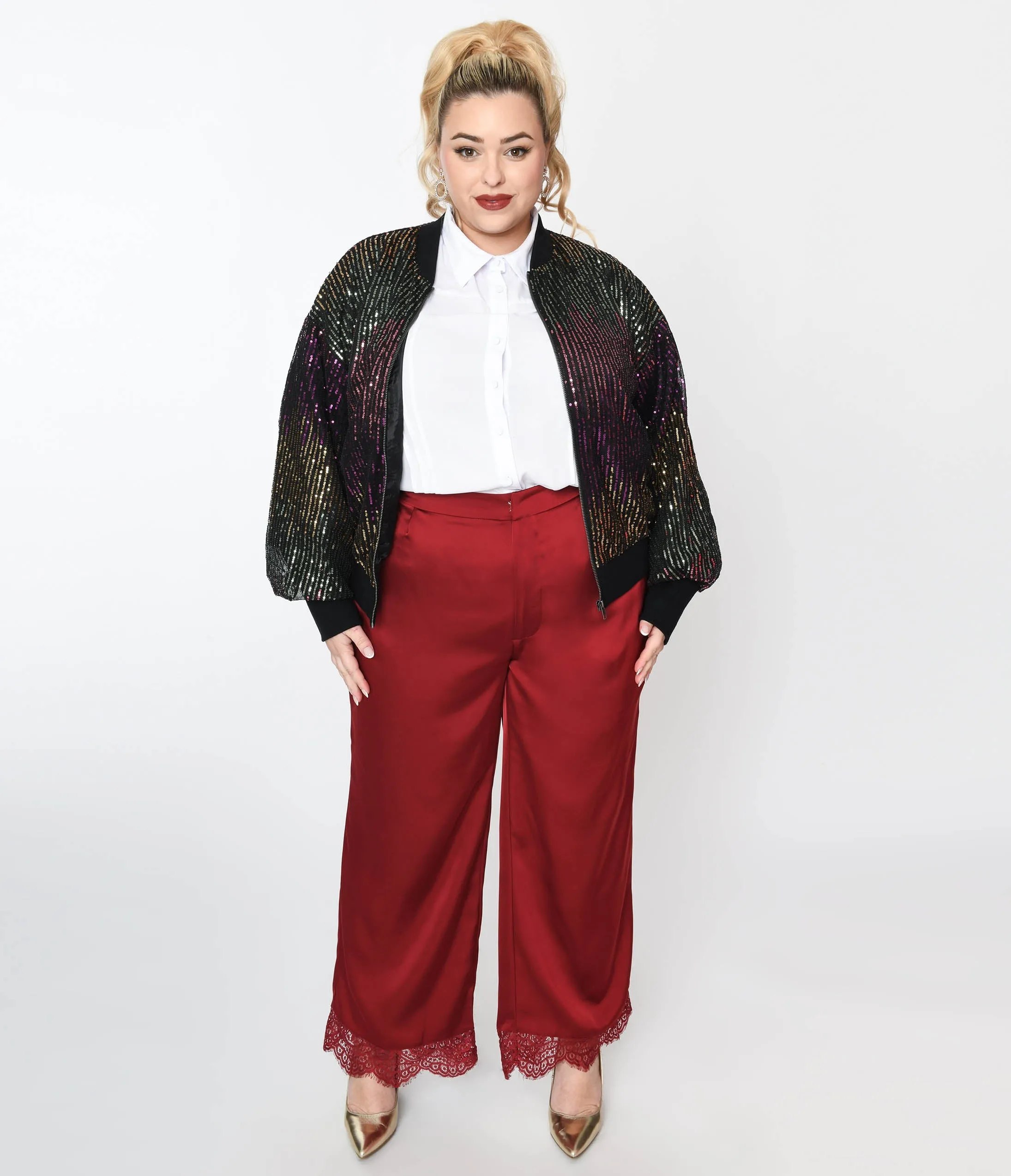 Burgundy Satin & Lace Trim Mathilde Pants