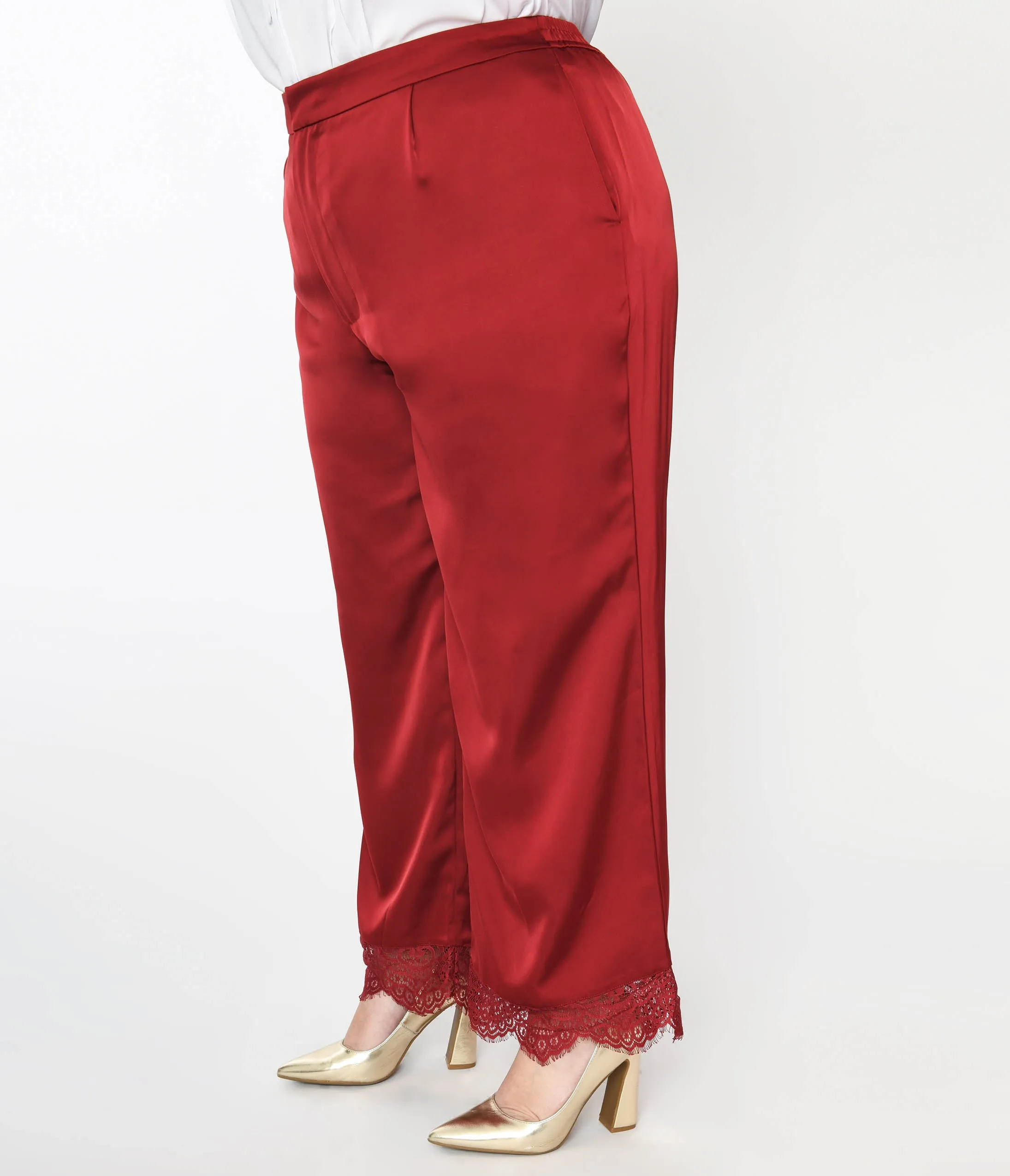 Burgundy Satin & Lace Trim Mathilde Pants