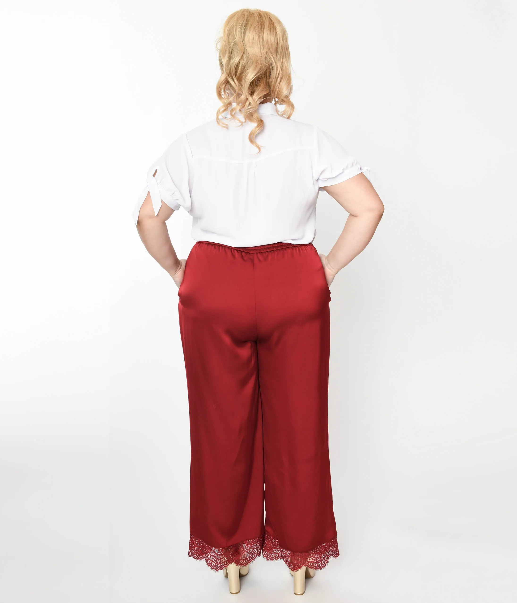 Burgundy Satin & Lace Trim Mathilde Pants