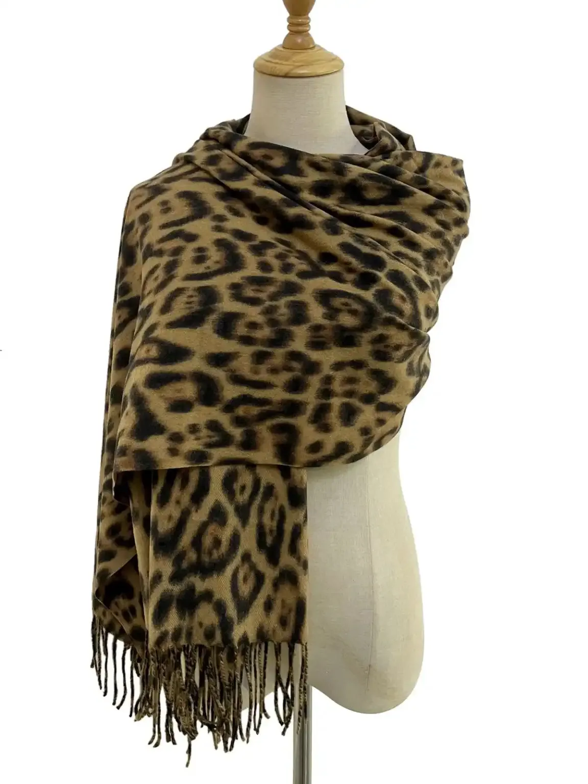 Camel Leopard Print Tassel Scarf