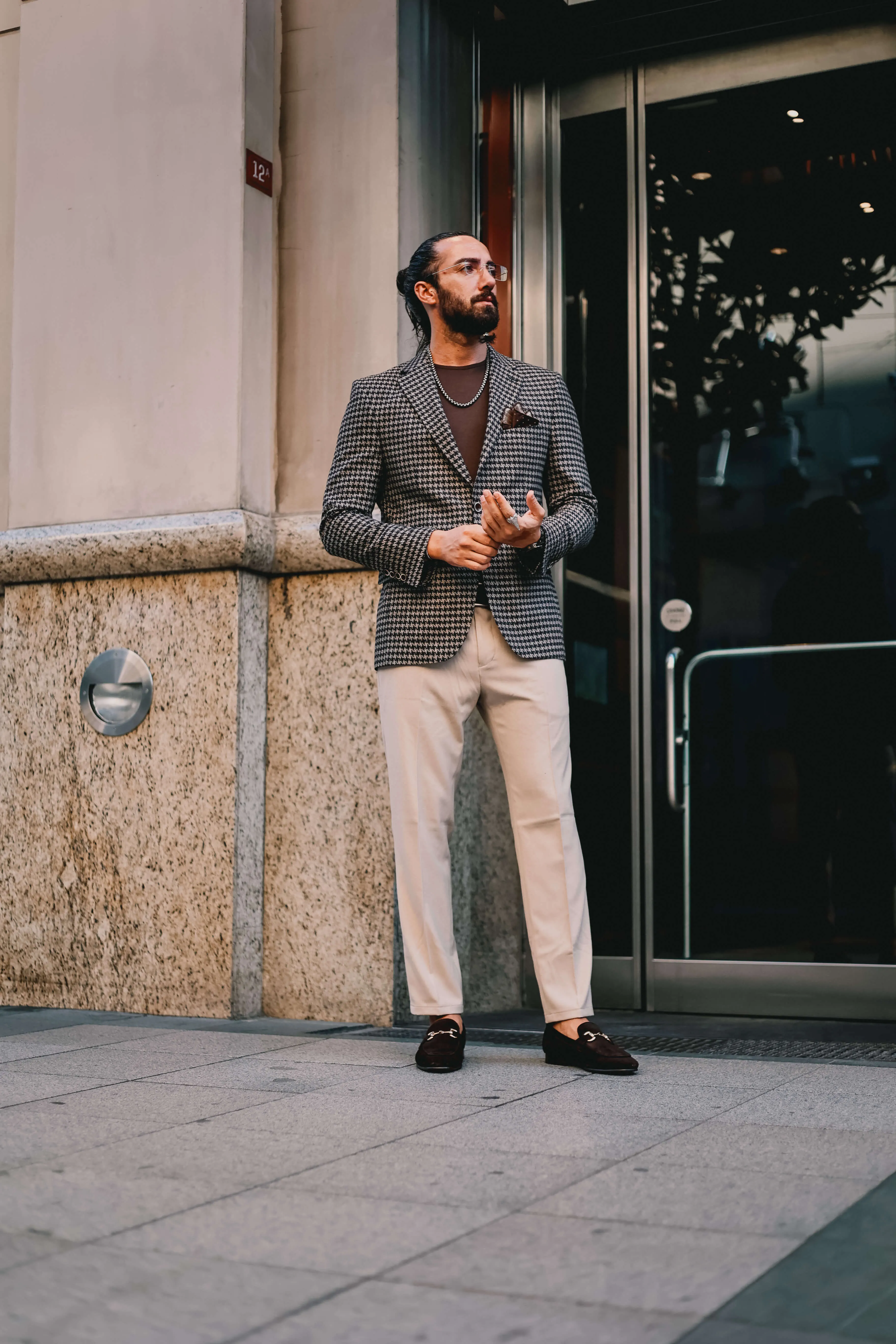 Charcoal houndstooth blazer.