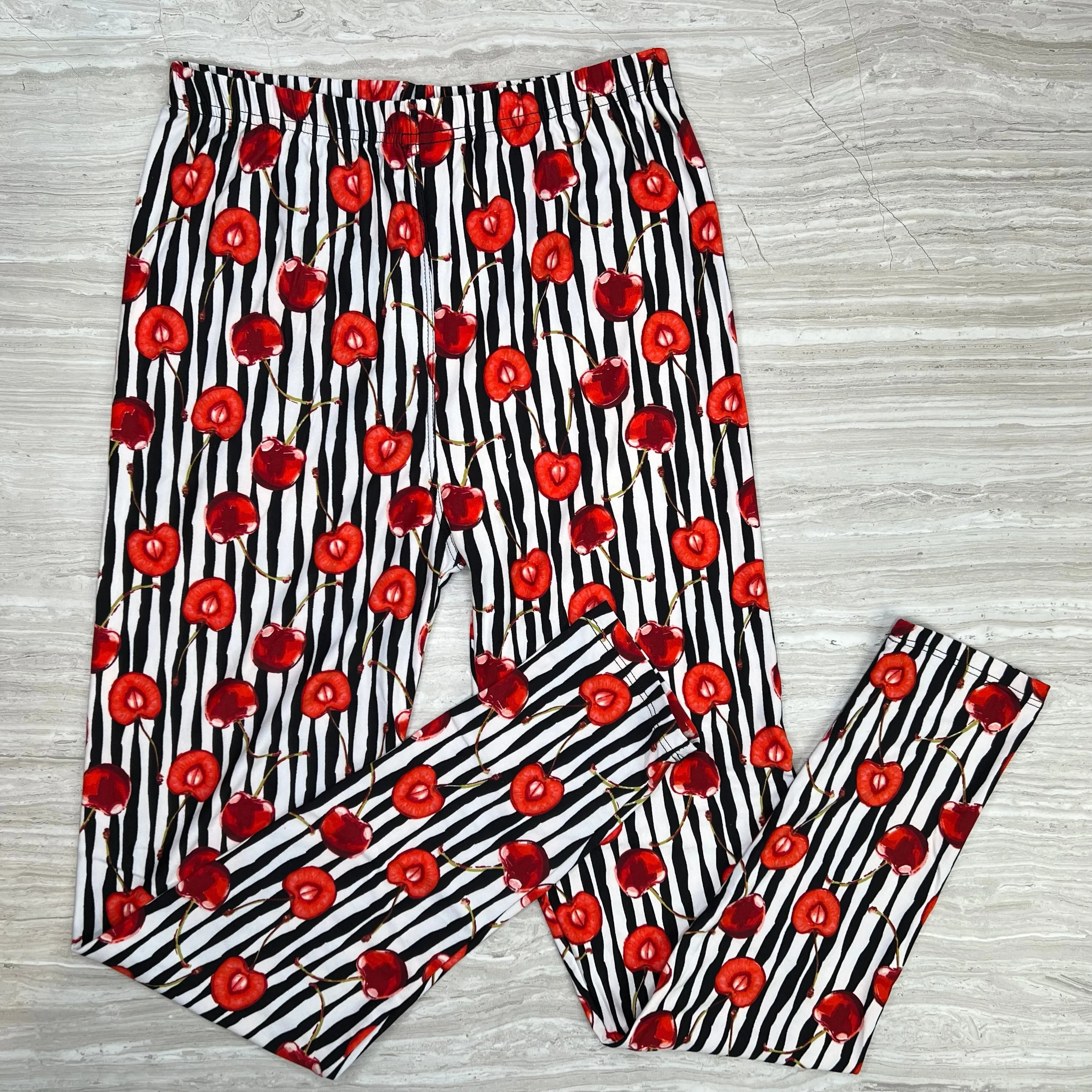 Cherry Stripe Print Soft Leggings