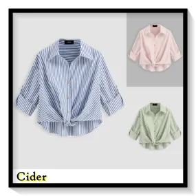 Cider  |Stripes Casual Style Long Sleeves Cotton Oversized