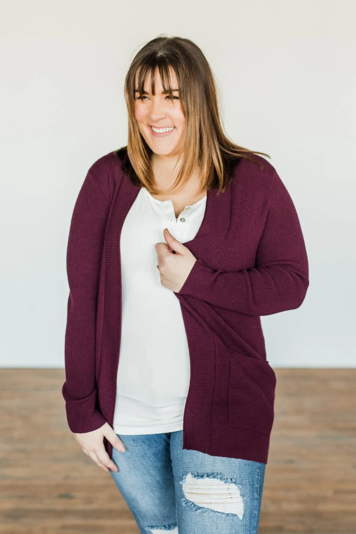 Cloud Nine Waffle Knit Cardigan- Plum