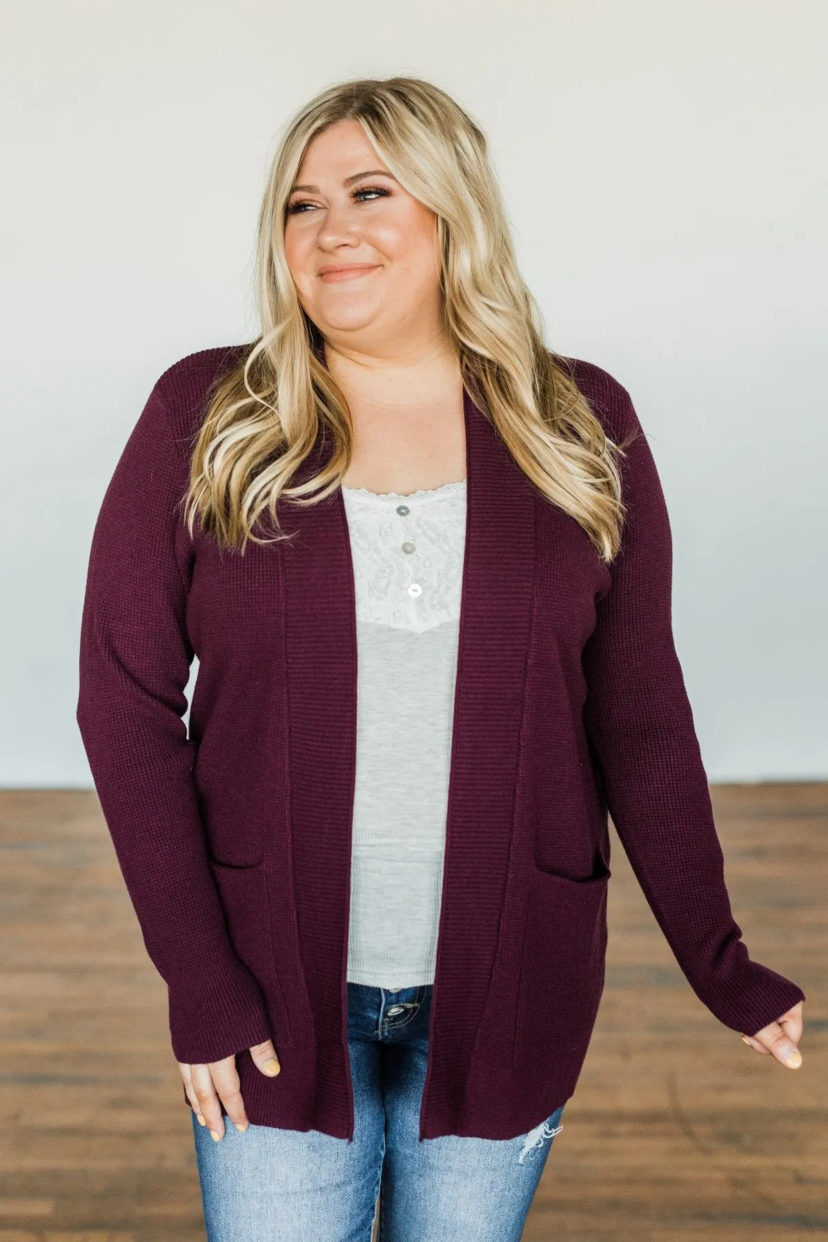 Cloud Nine Waffle Knit Cardigan- Plum