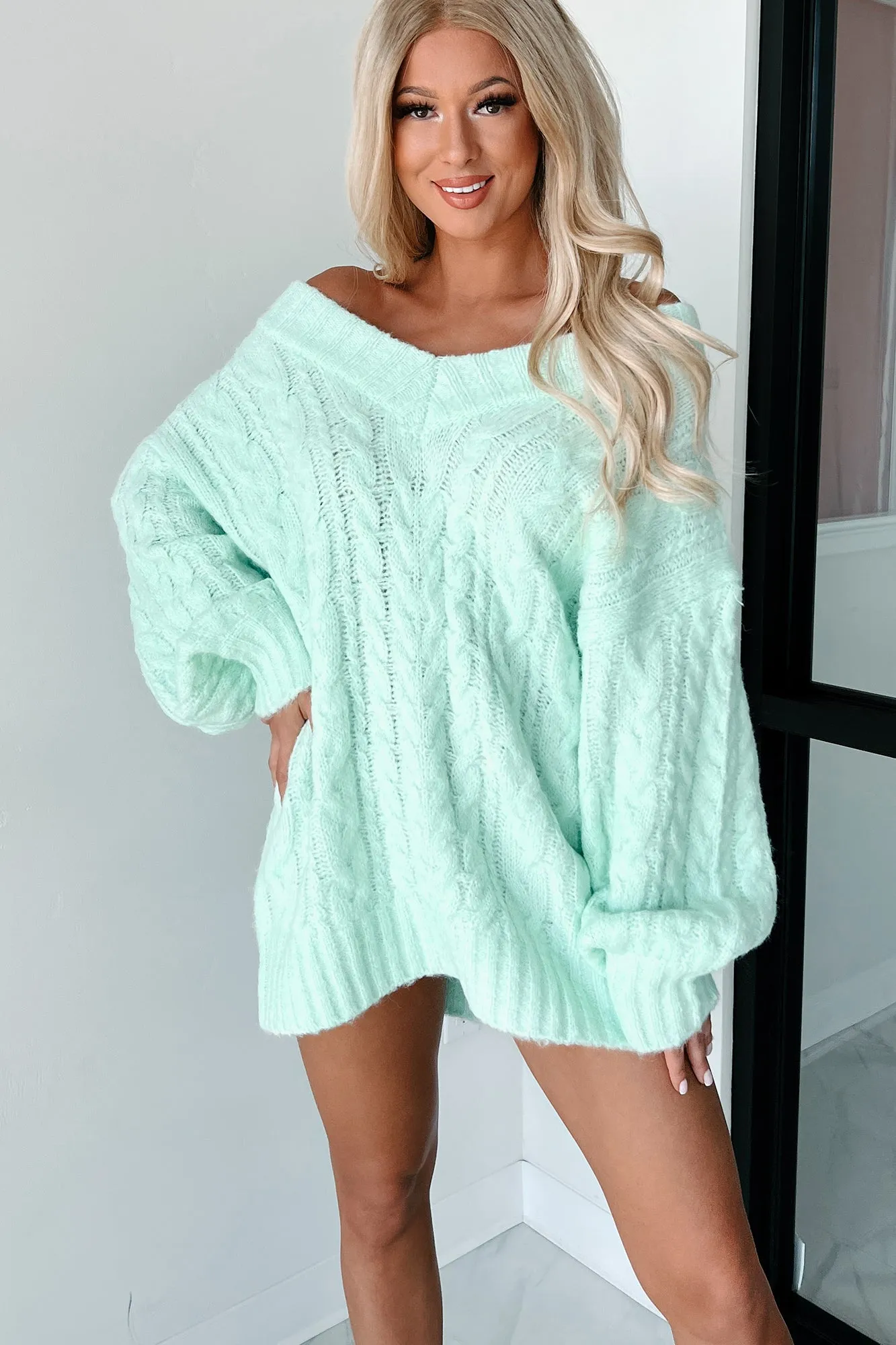 Collecting My Thoughts Oversized Sweater Dress (Mint)