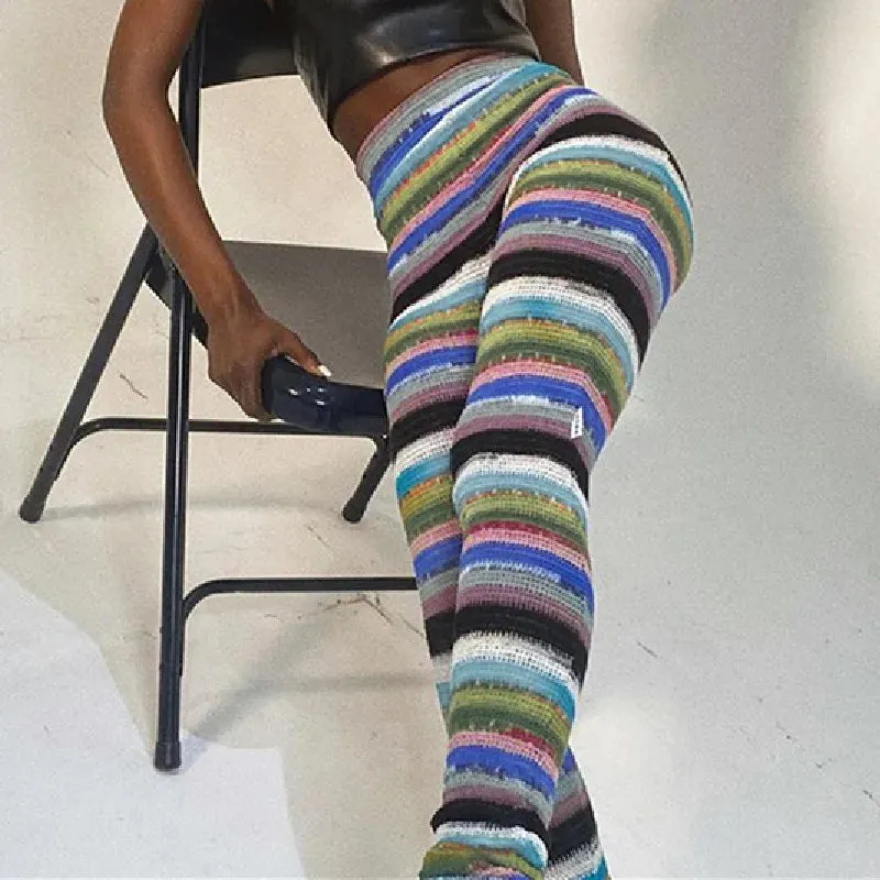 Colorful Striped Knitted Trousers Random Printed High Waist Slim Fit Daily Pants