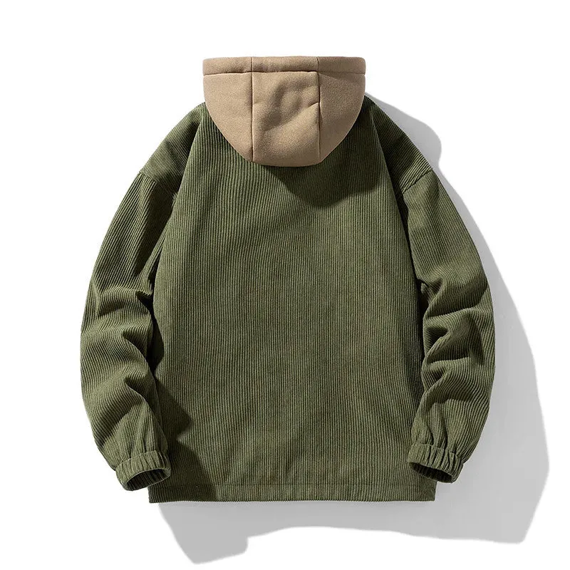 Corduroy Two Shade Elastic Waist And Sleeve Hoodie