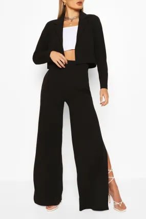 Crop Blazer And Split Wide Leg Pants Suit Set