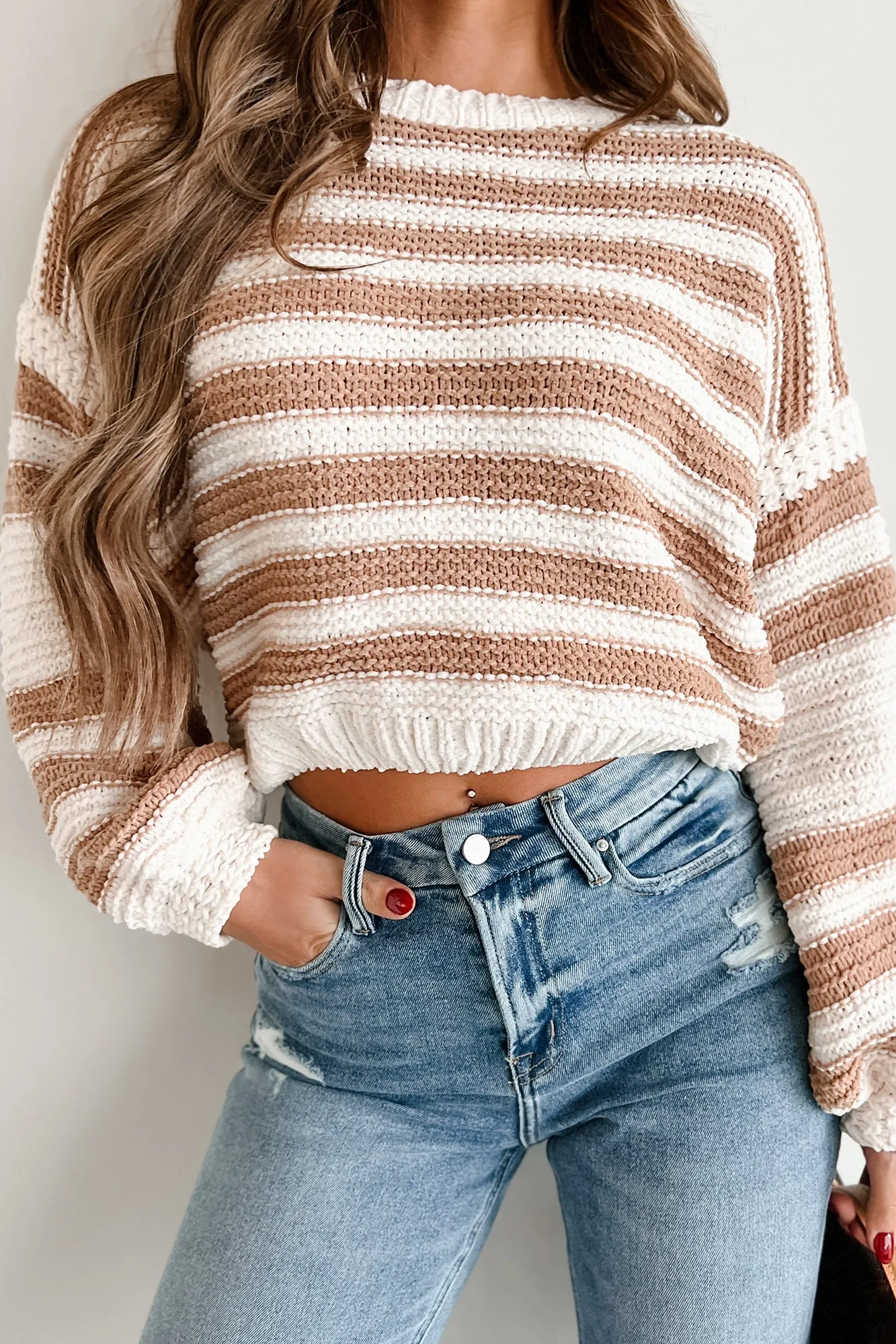 Crossing A Line Striped Chenille Sweater (Taupe/White)