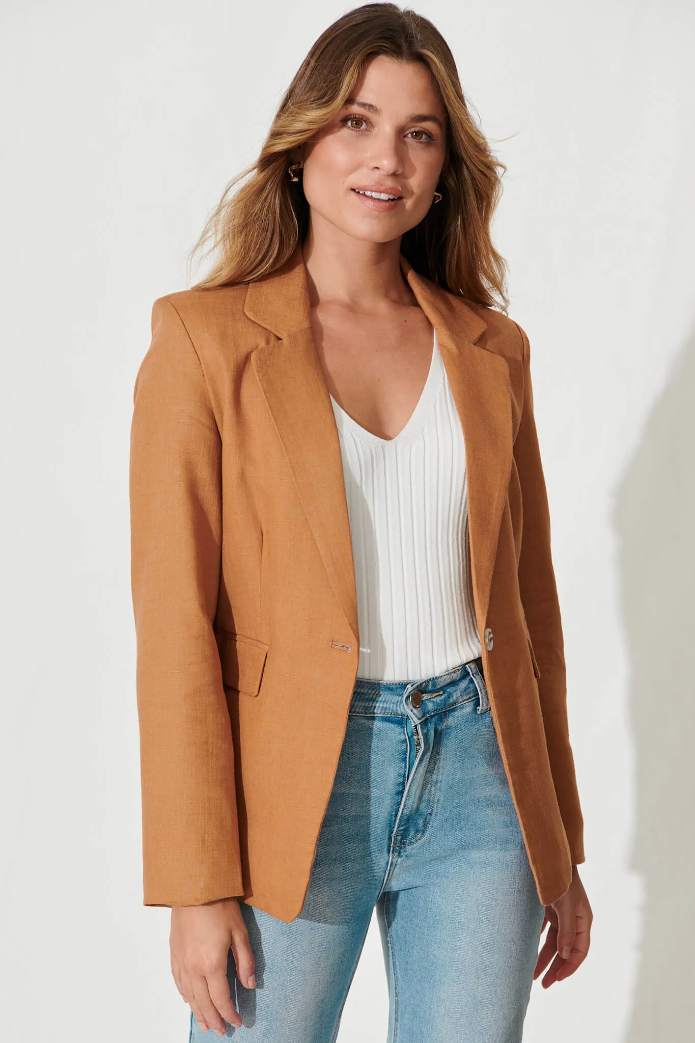 Deborah Blazer In Tan Linen Blend