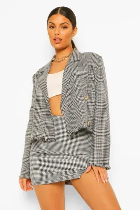 Dog Tooth Checked Frayed Hem Cropped Blazer