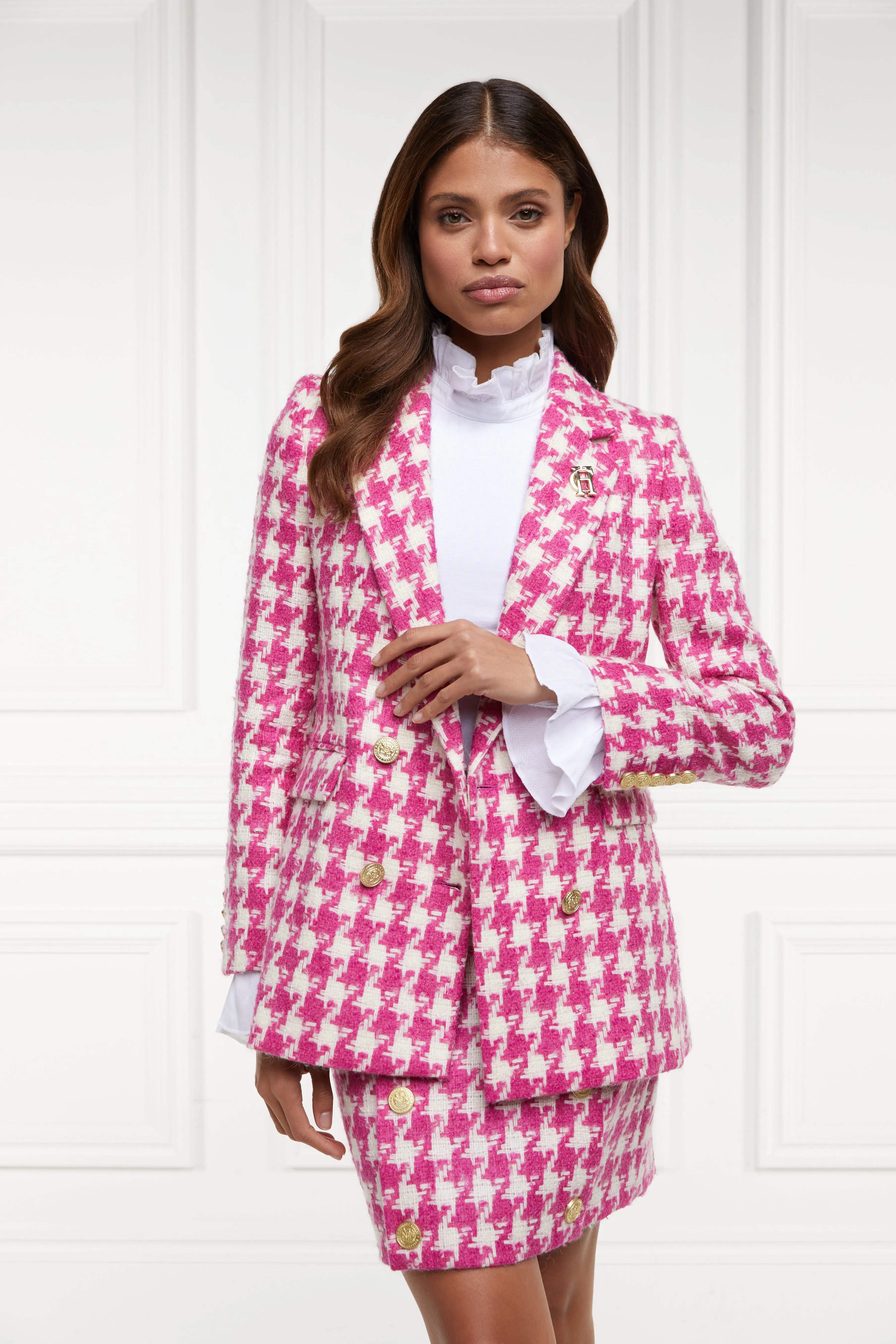 Double Breasted Blazer (Hot Pink Large Scale Houndstooth)