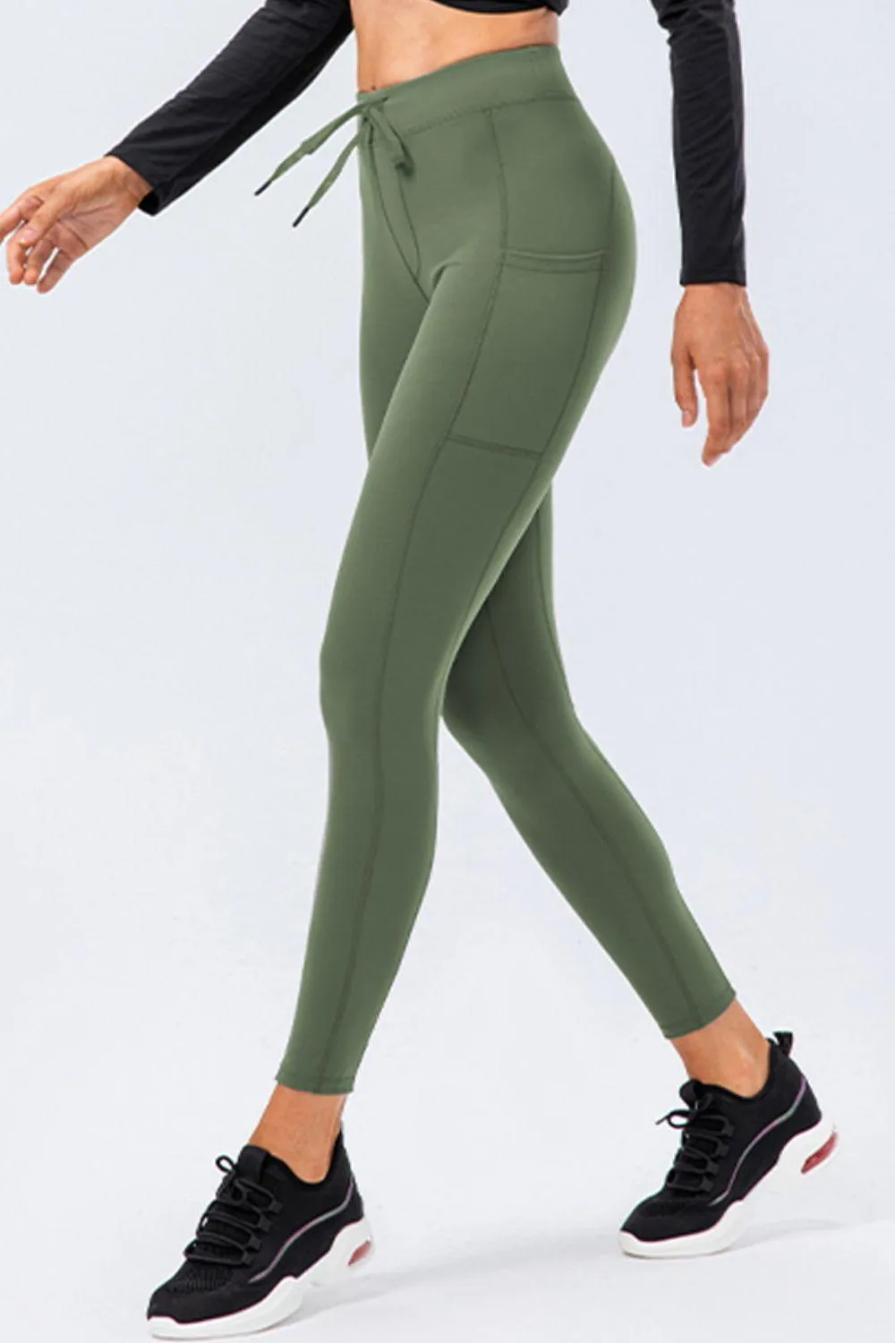 Drawstring Sports Leggings with Side Pockets