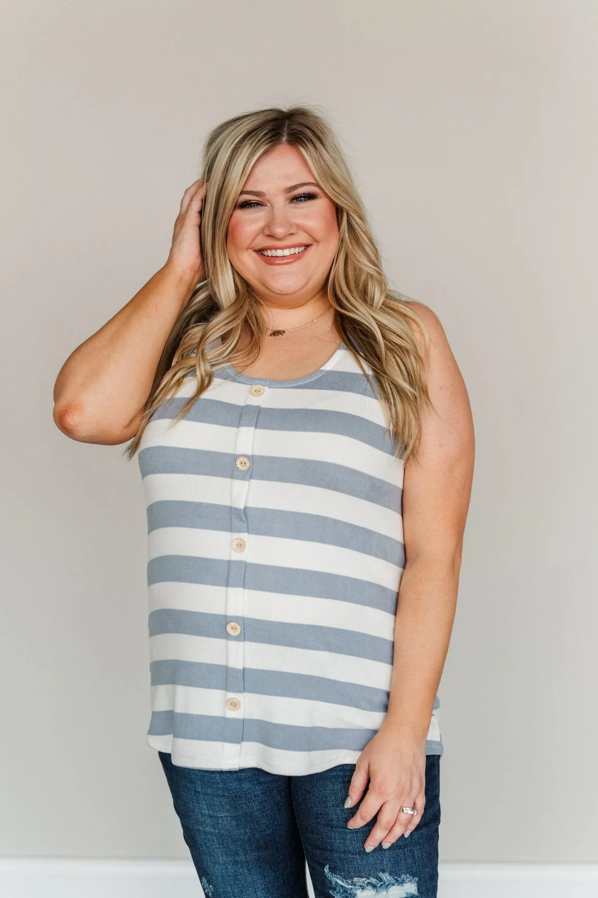 Dreamy Days Striped Button Tank- Ivory & Slate Blue