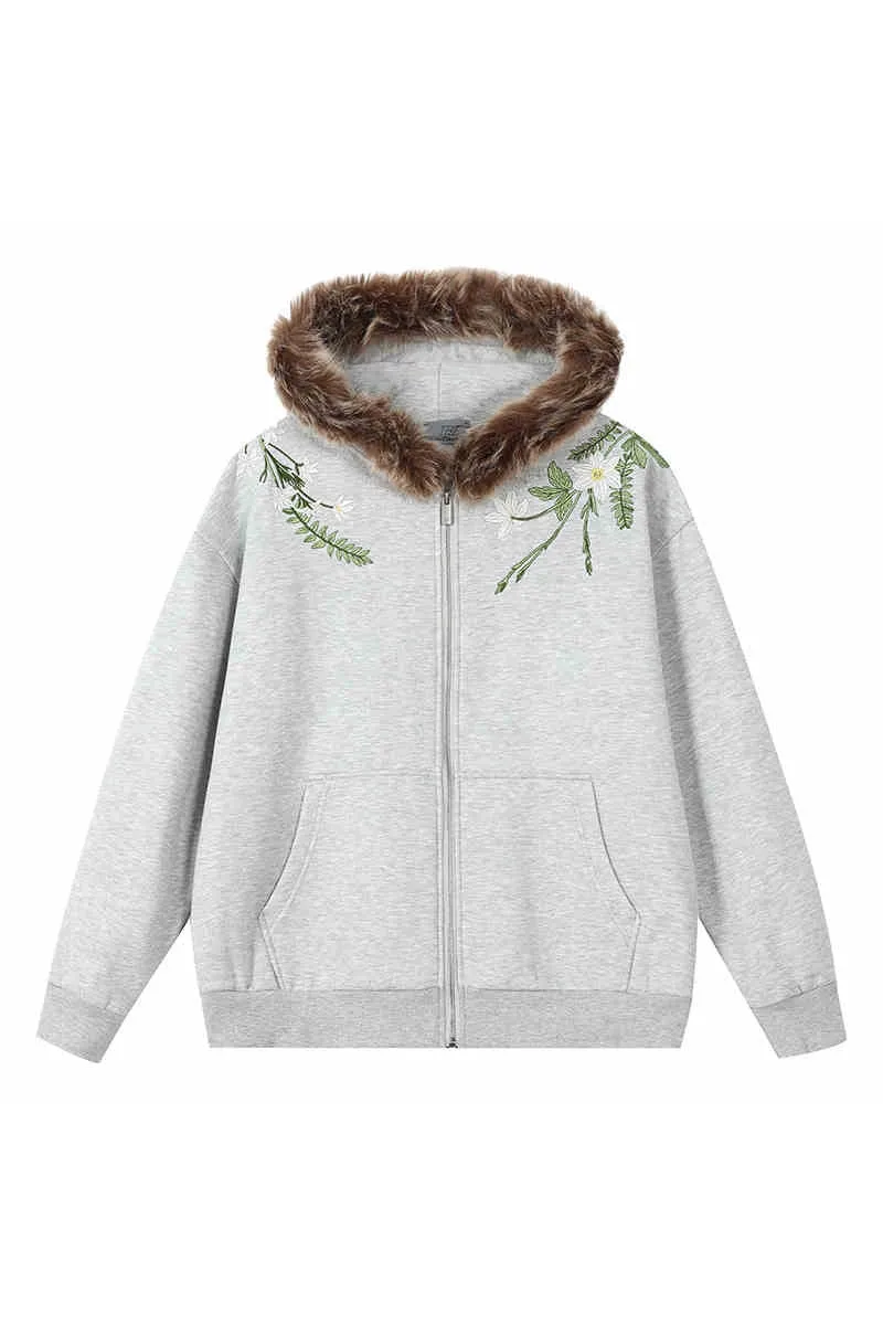 Floral Embroidery Fur Hooded Fleece Sweater