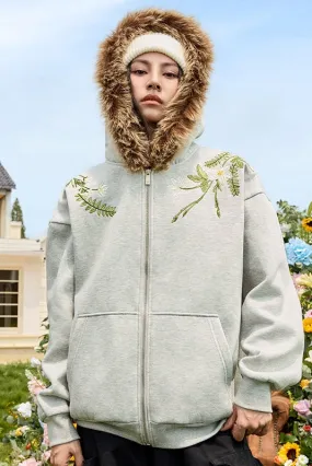 Floral Embroidery Fur Hooded Fleece Sweater