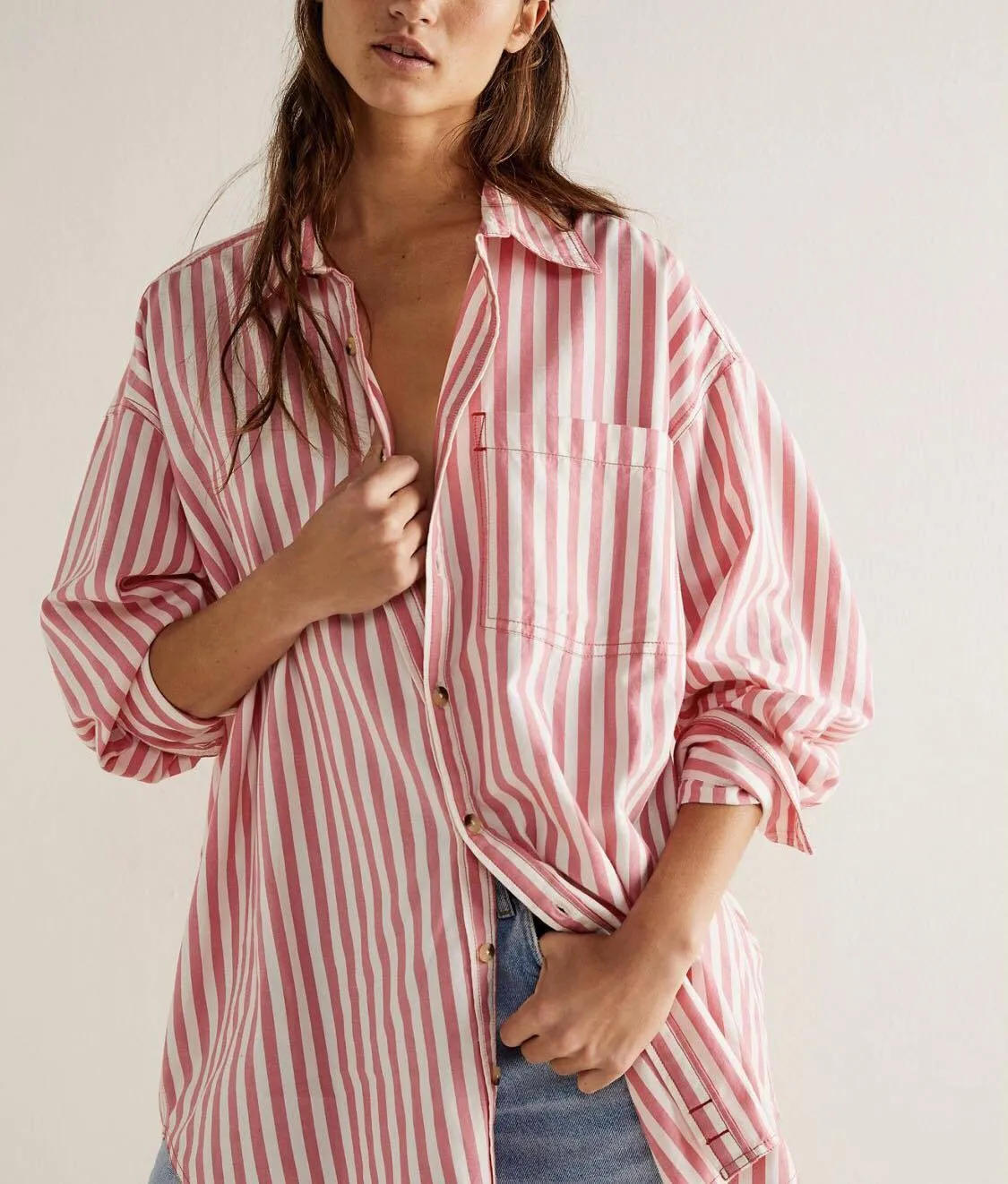 Free People  |Stripes Casual Style Long Sleeves Cotton Shirts & Blouses