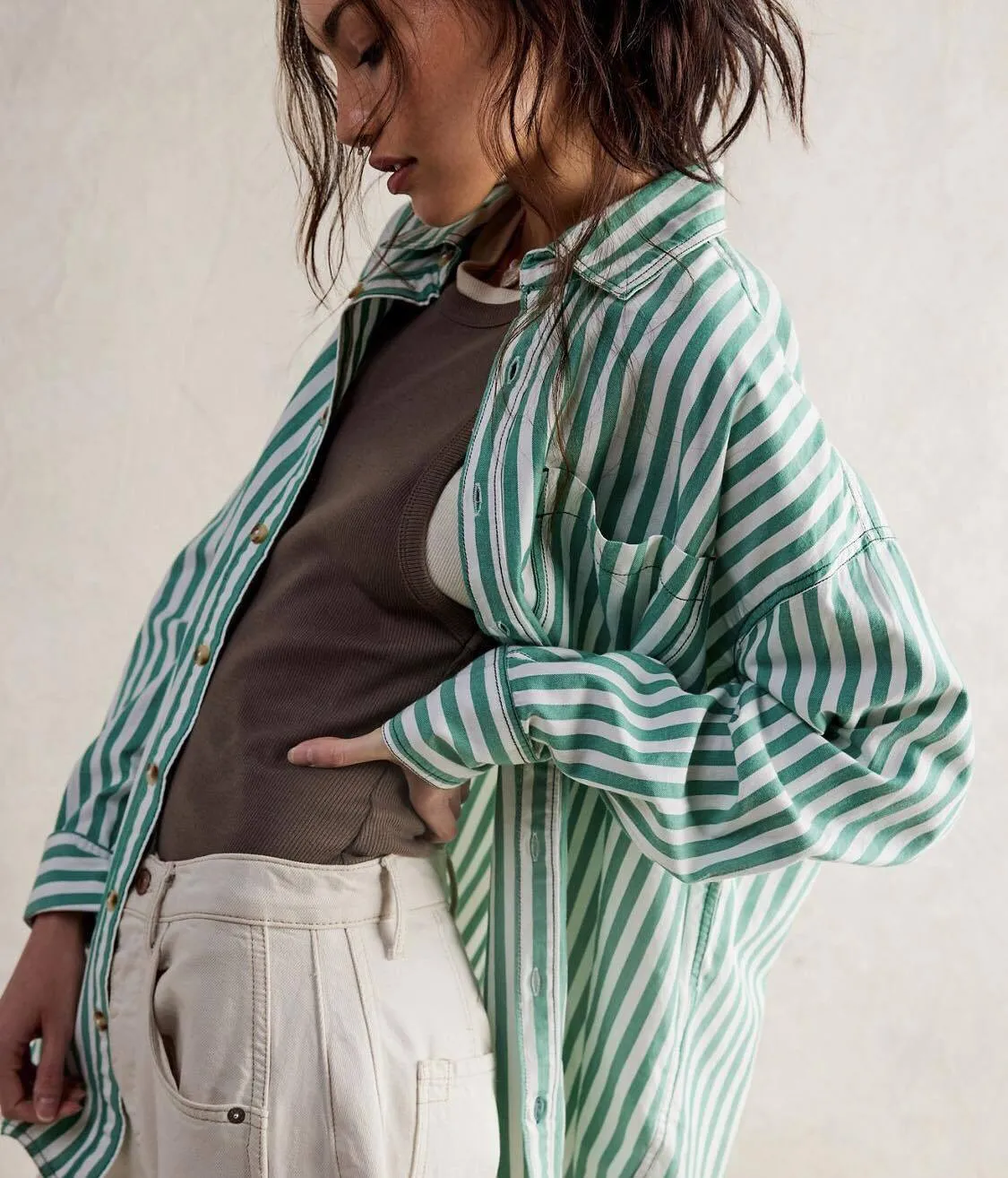 Free People  |Stripes Casual Style Long Sleeves Cotton Shirts & Blouses