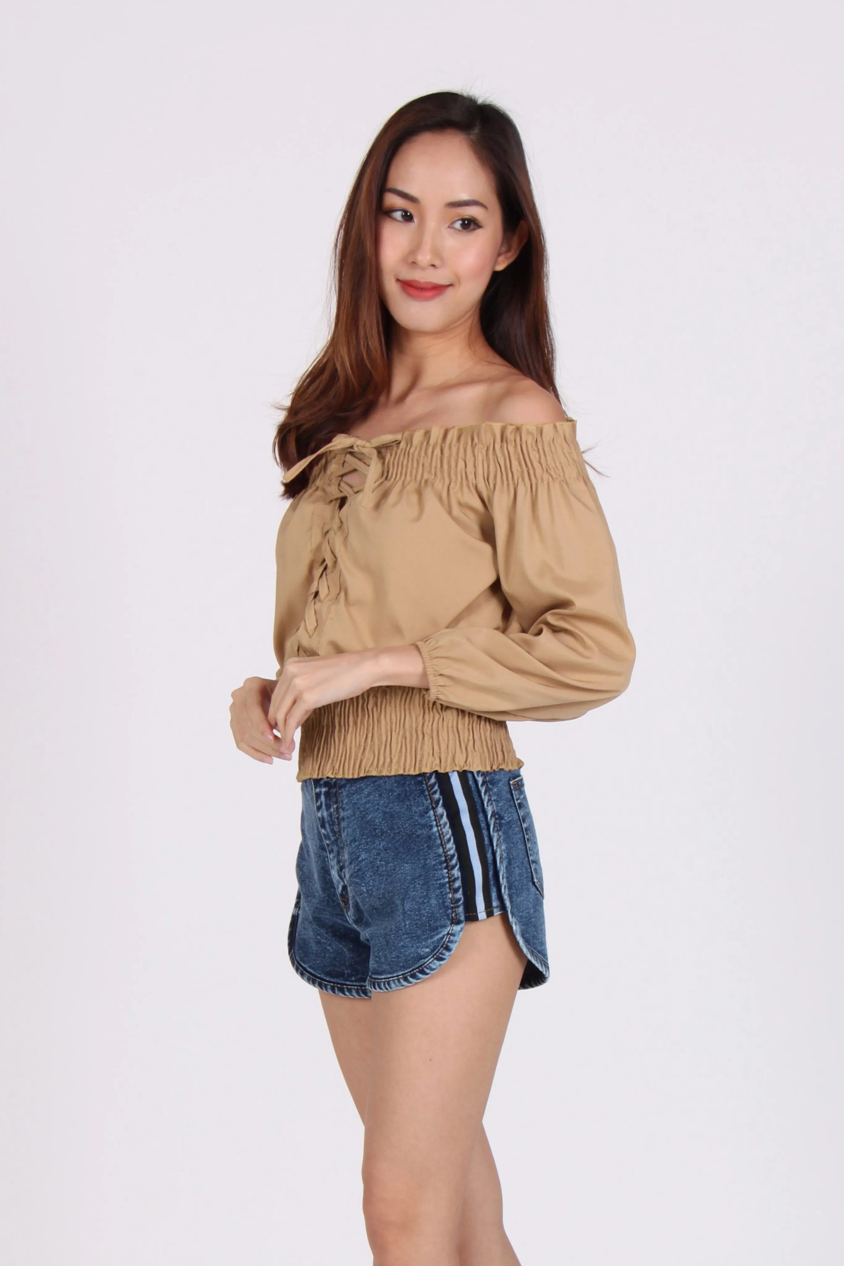 Front Lace Up Smocked Off Shoulder Top in Coco-Beige