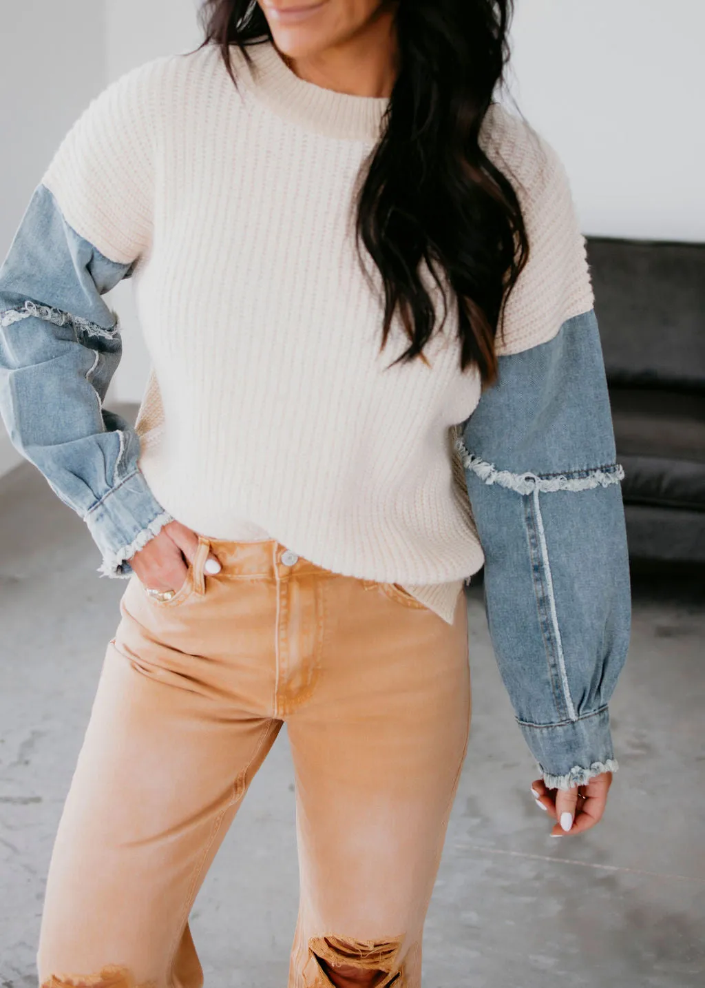 Greer Denim Sleeve Sweater