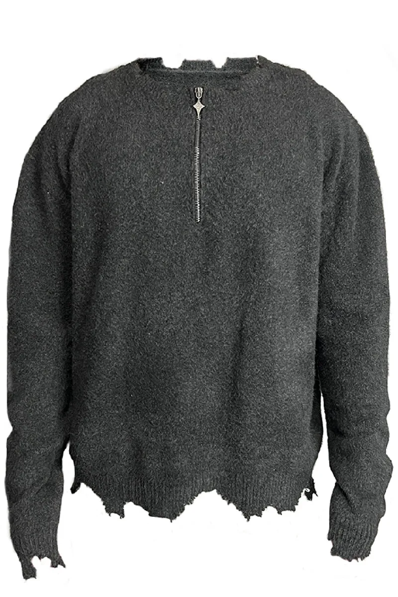 Half-Zip Distressed Gray Sweater