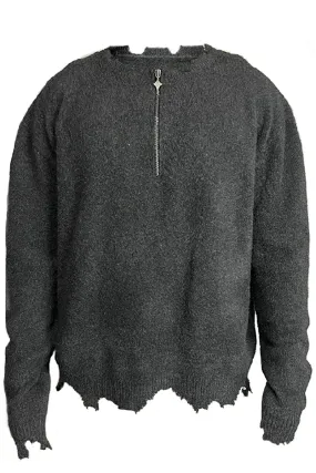 Half-Zip Distressed Gray Sweater