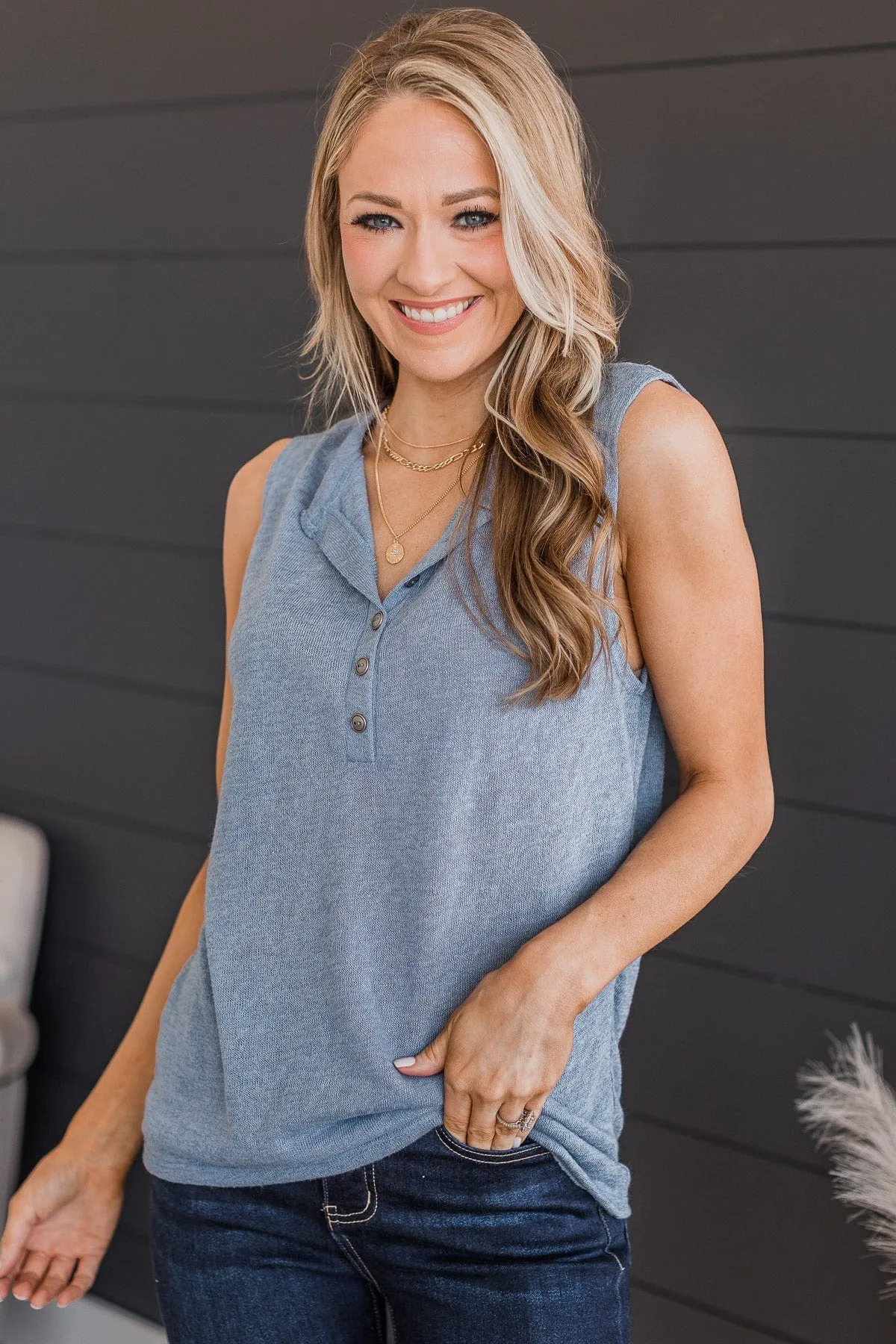 Happy Skies Knit Button Tank Top- Slate Blue