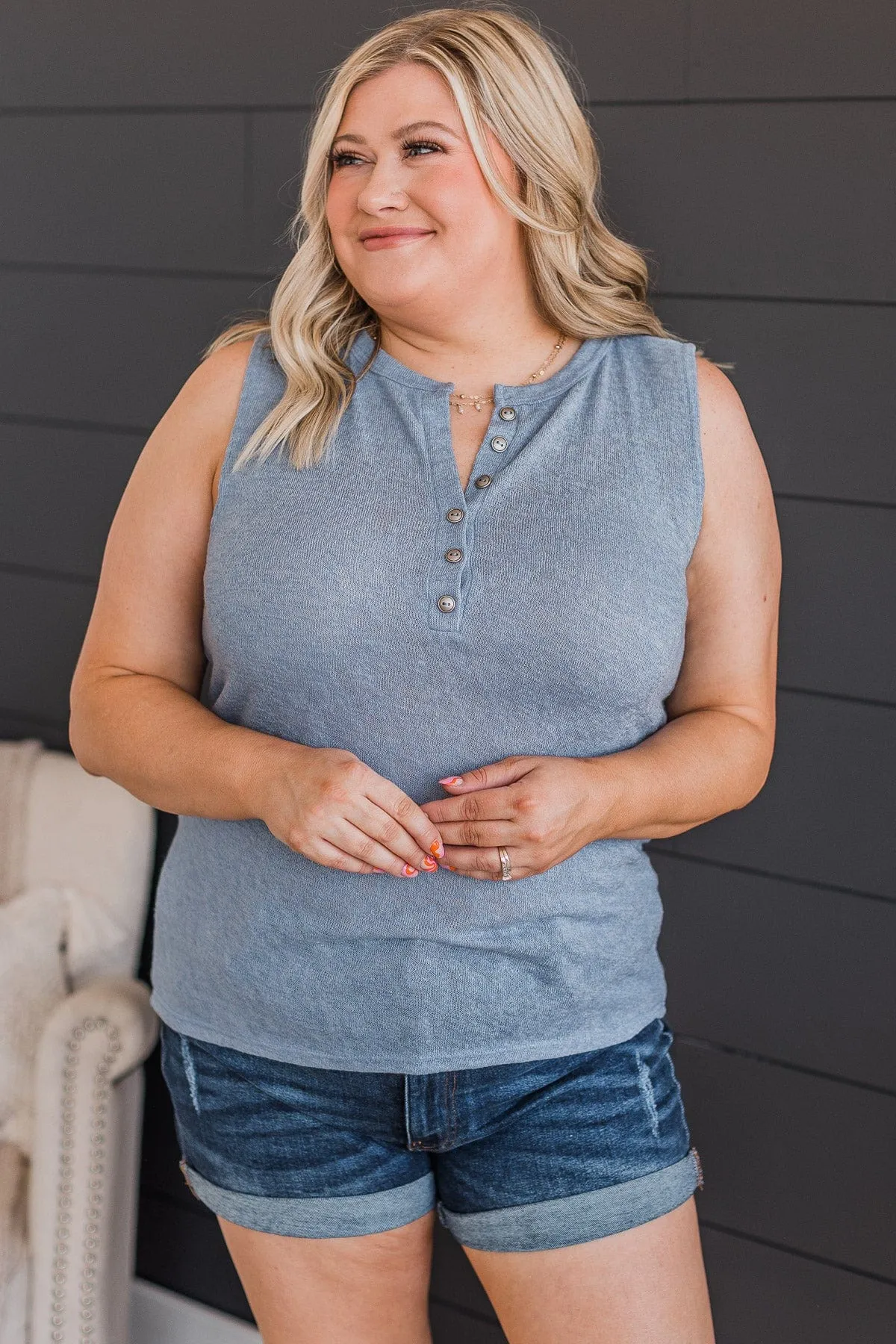 Happy Skies Knit Button Tank Top- Slate Blue