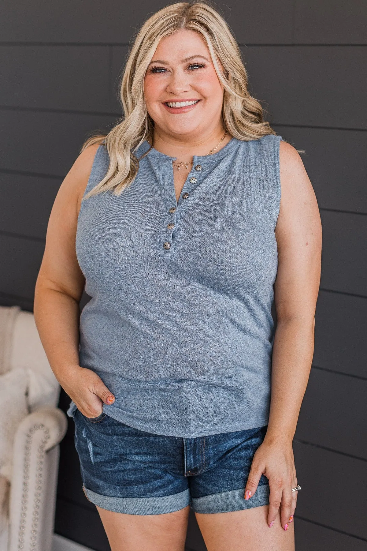 Happy Skies Knit Button Tank Top- Slate Blue