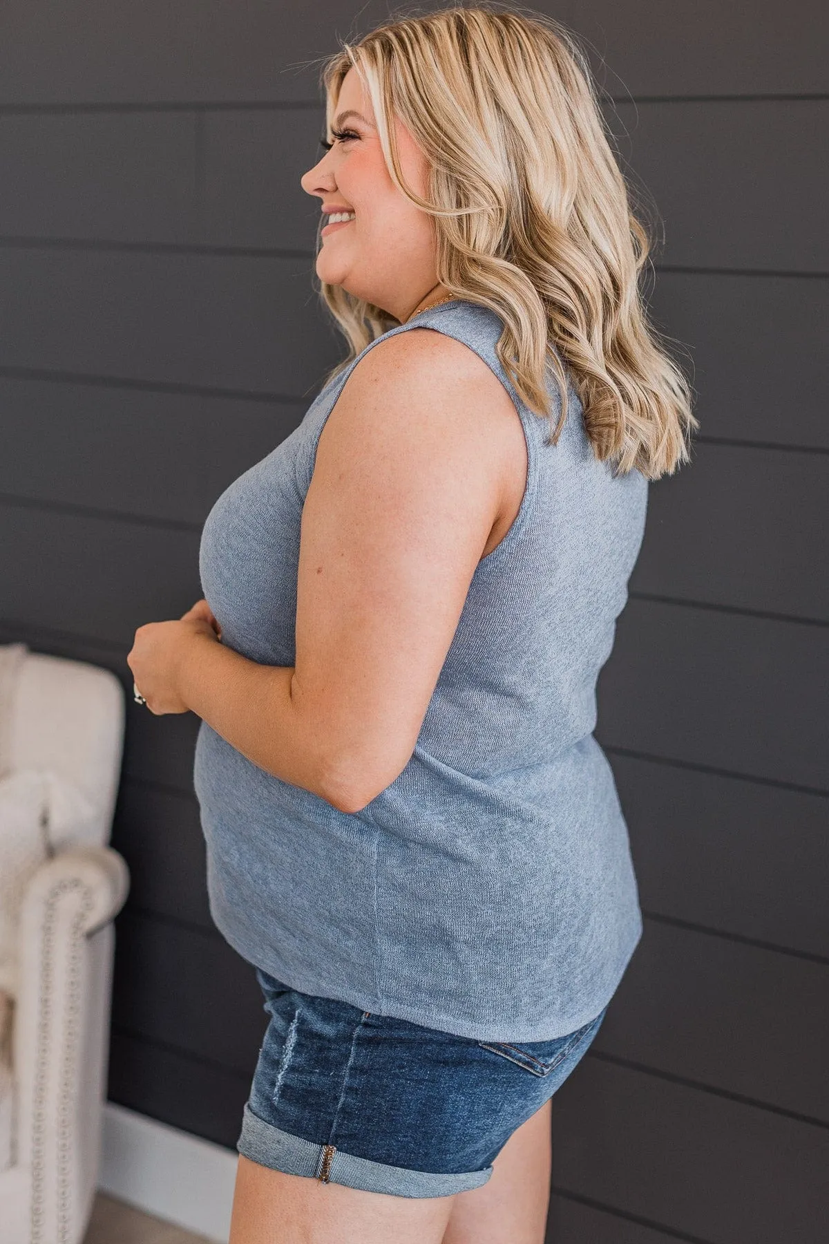 Happy Skies Knit Button Tank Top- Slate Blue