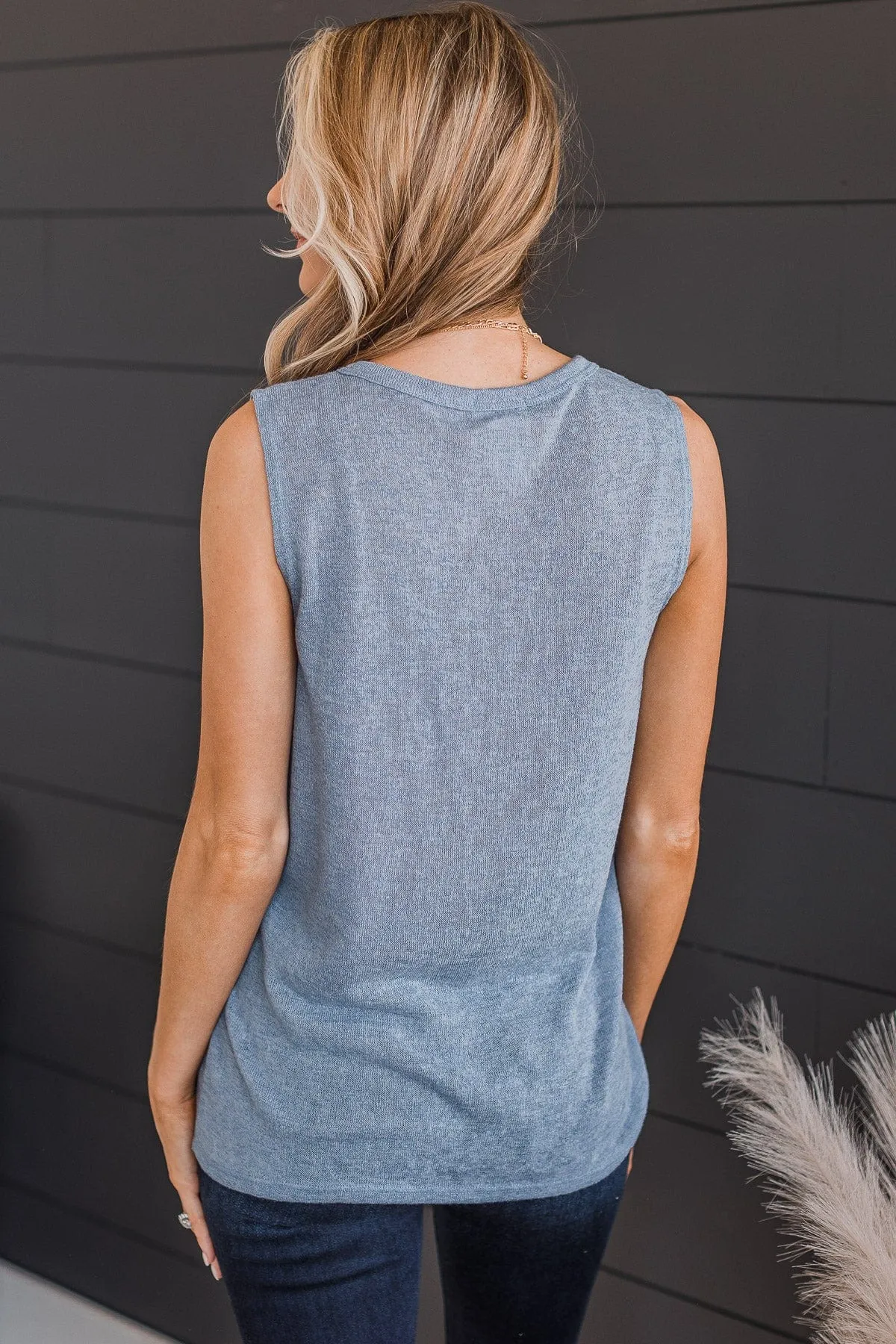 Happy Skies Knit Button Tank Top- Slate Blue