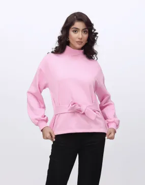 High Neck Full Sleeves Top with Belt-Pink