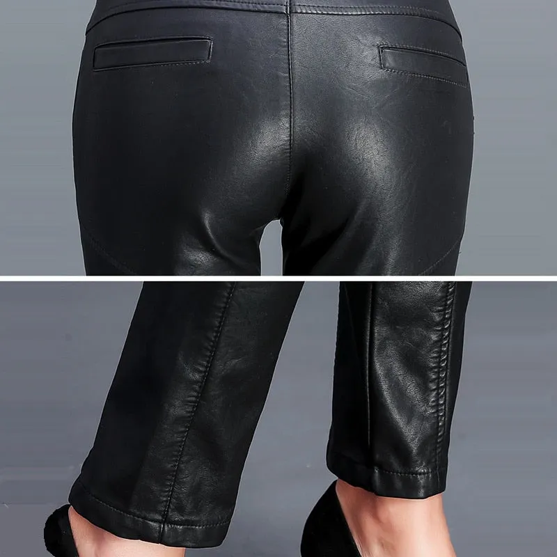 Hot PU Leather Mid Waist Pants Women Fashion