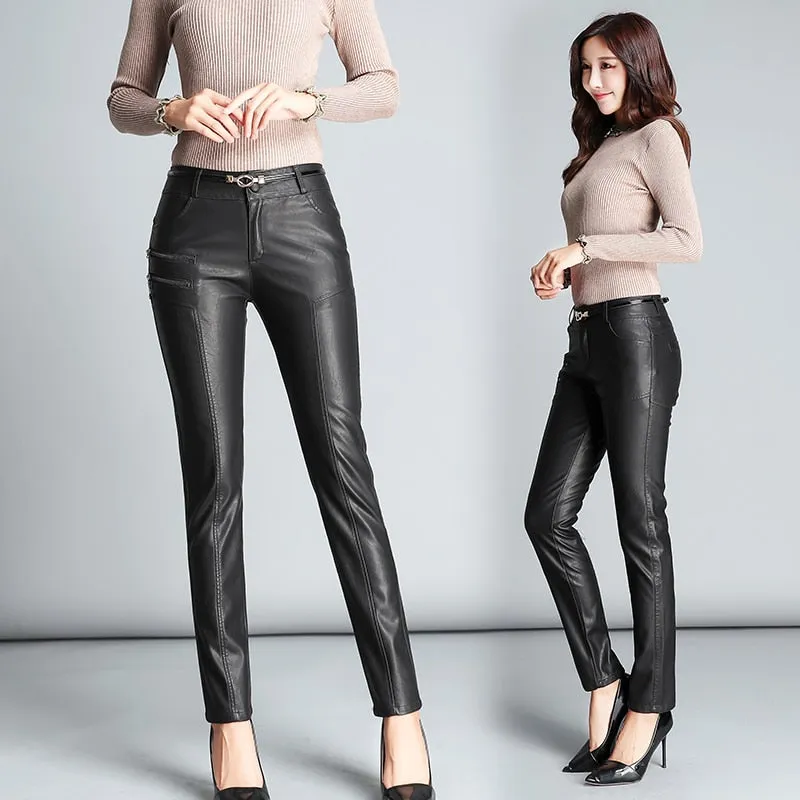 Hot PU Leather Mid Waist Pants Women Fashion