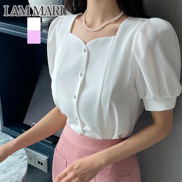 I AM MARI  |Plain Short Sleeves Office Style Puff Sleeves Formal Style