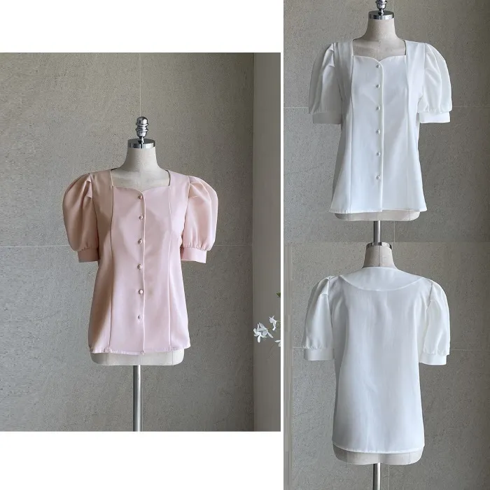 I AM MARI  |Plain Short Sleeves Office Style Puff Sleeves Formal Style