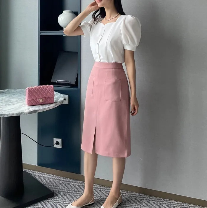 I AM MARI  |Plain Short Sleeves Office Style Puff Sleeves Formal Style