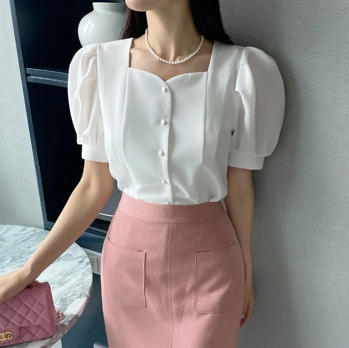 I AM MARI  |Plain Short Sleeves Office Style Puff Sleeves Formal Style