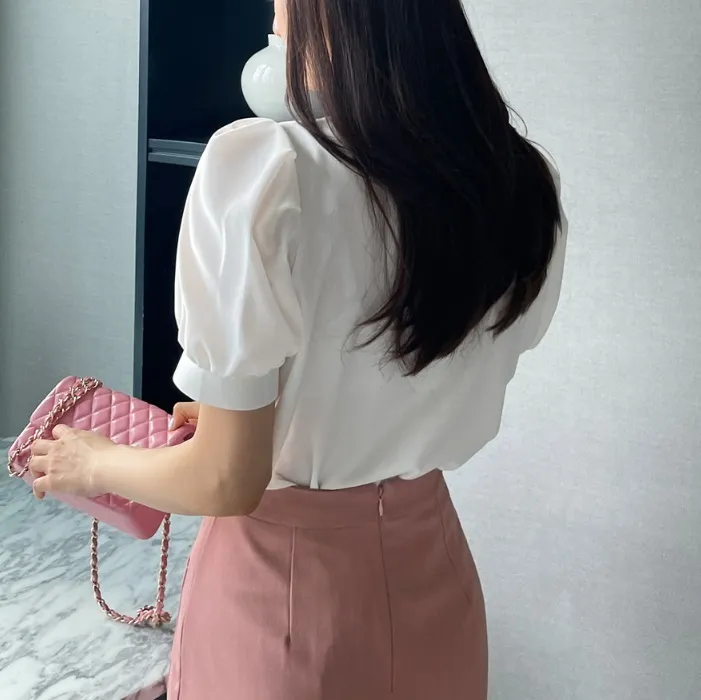 I AM MARI  |Plain Short Sleeves Office Style Puff Sleeves Formal Style