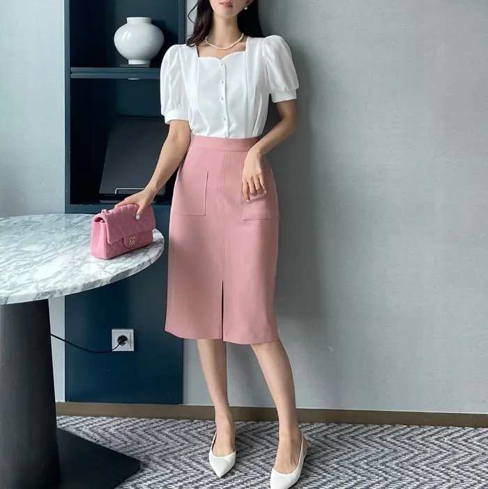 I AM MARI  |Plain Short Sleeves Office Style Puff Sleeves Formal Style