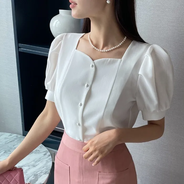 I AM MARI  |Plain Short Sleeves Office Style Puff Sleeves Formal Style