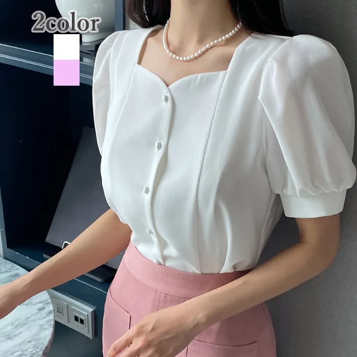 I AM MARI  |Plain Short Sleeves Office Style Puff Sleeves Formal Style