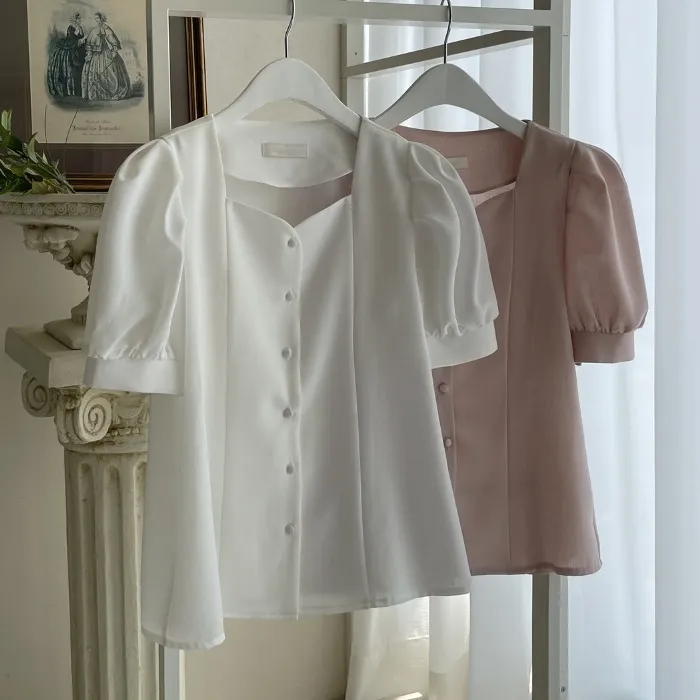 I AM MARI  |Plain Short Sleeves Office Style Puff Sleeves Formal Style