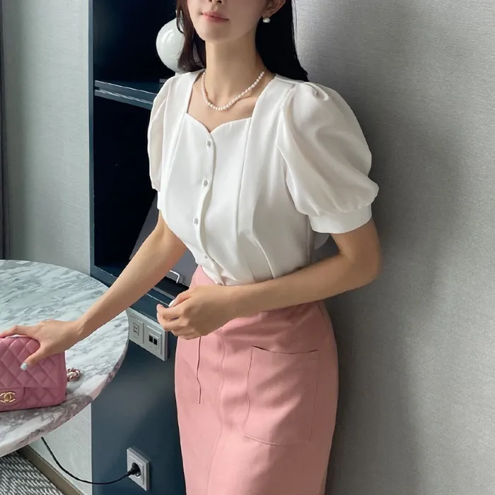 I AM MARI  |Plain Short Sleeves Office Style Puff Sleeves Formal Style